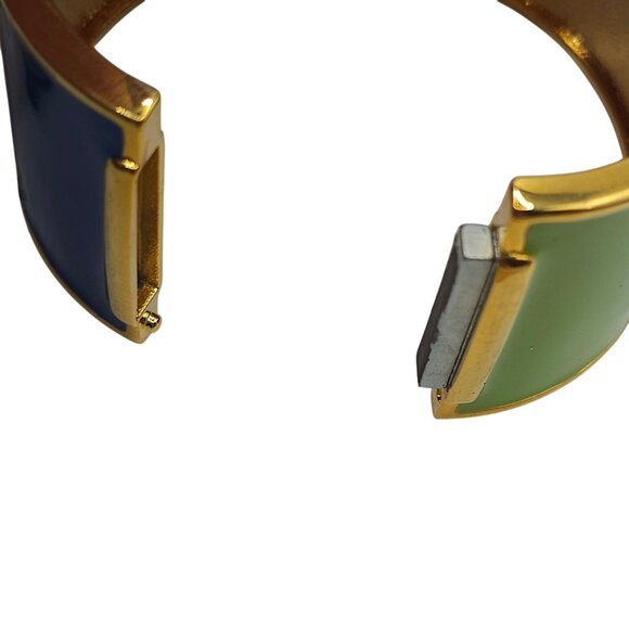 Green/Blue Enamel Gold Tone Chunky Bangle Cuff Bracelet Boho Cottage Cabincore - Picture 11 of 14
